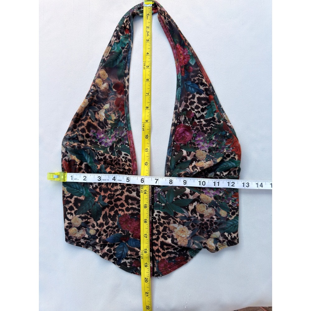 Leopard Floral Halter Corset Crop Top Y2K Mesh Hook & Eye Festival Sz Med - Picture 5 of 6